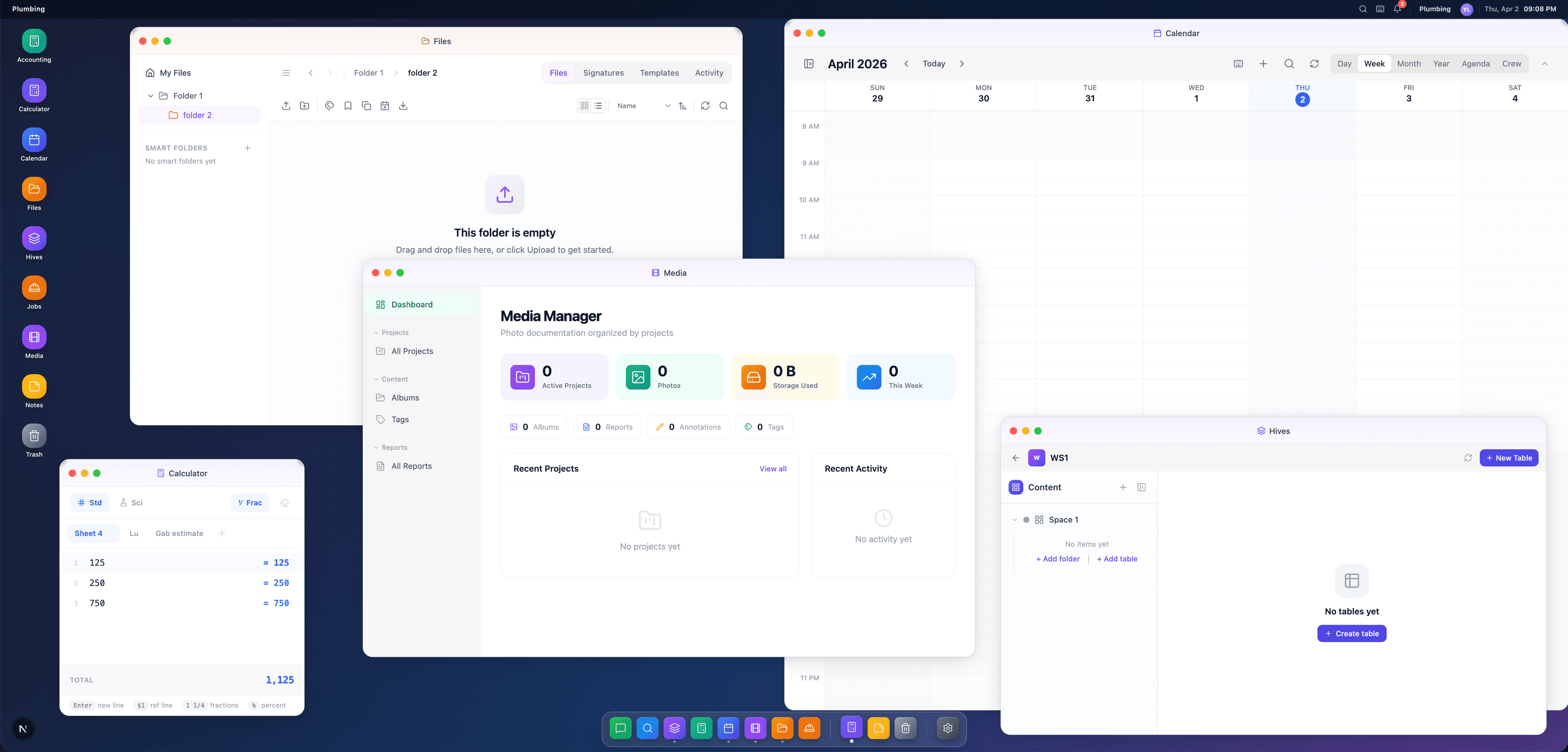 Prixlo platform dashboard showing Calendar, Accounting, Work modules, and team collaboration features
